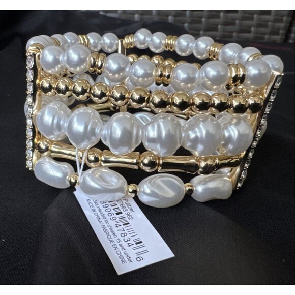Lilly Pulitzer CZ Cuff Bracelet Gold-tone Rhinestone Faux Pearls Stretch NWT - Picture 1 of 12